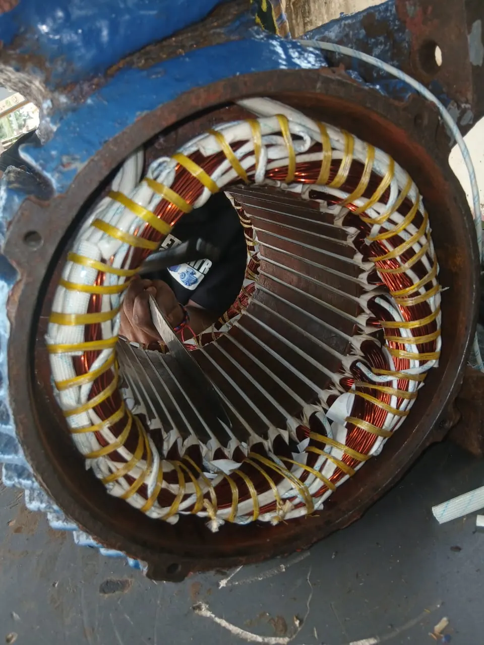 Electric motor stator during rewinding
